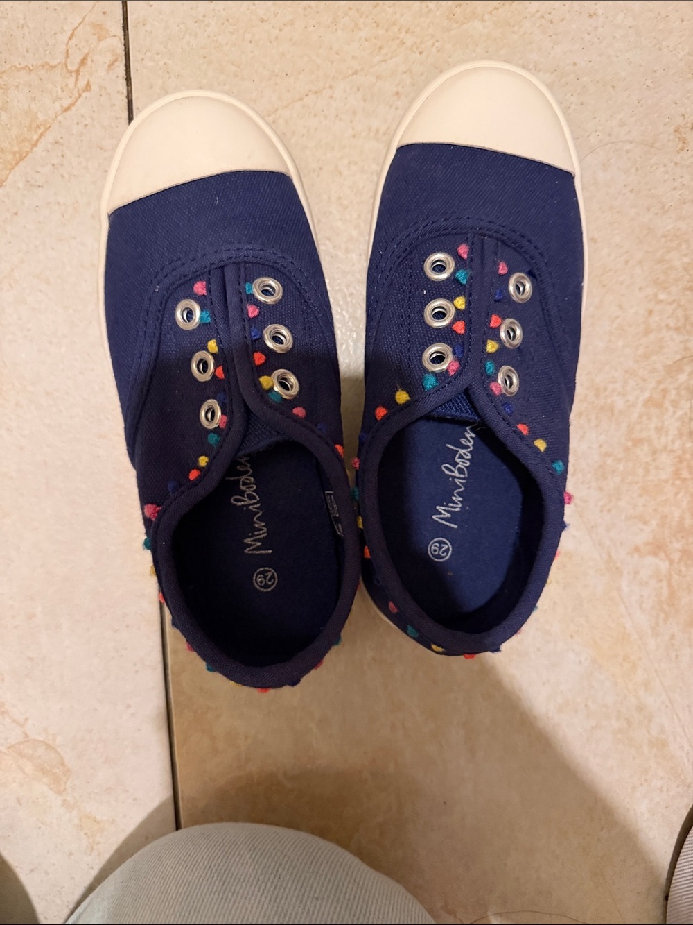 Mini Boden Navy Slip-On Canvas Sneakers with Multicolor Pom Dots